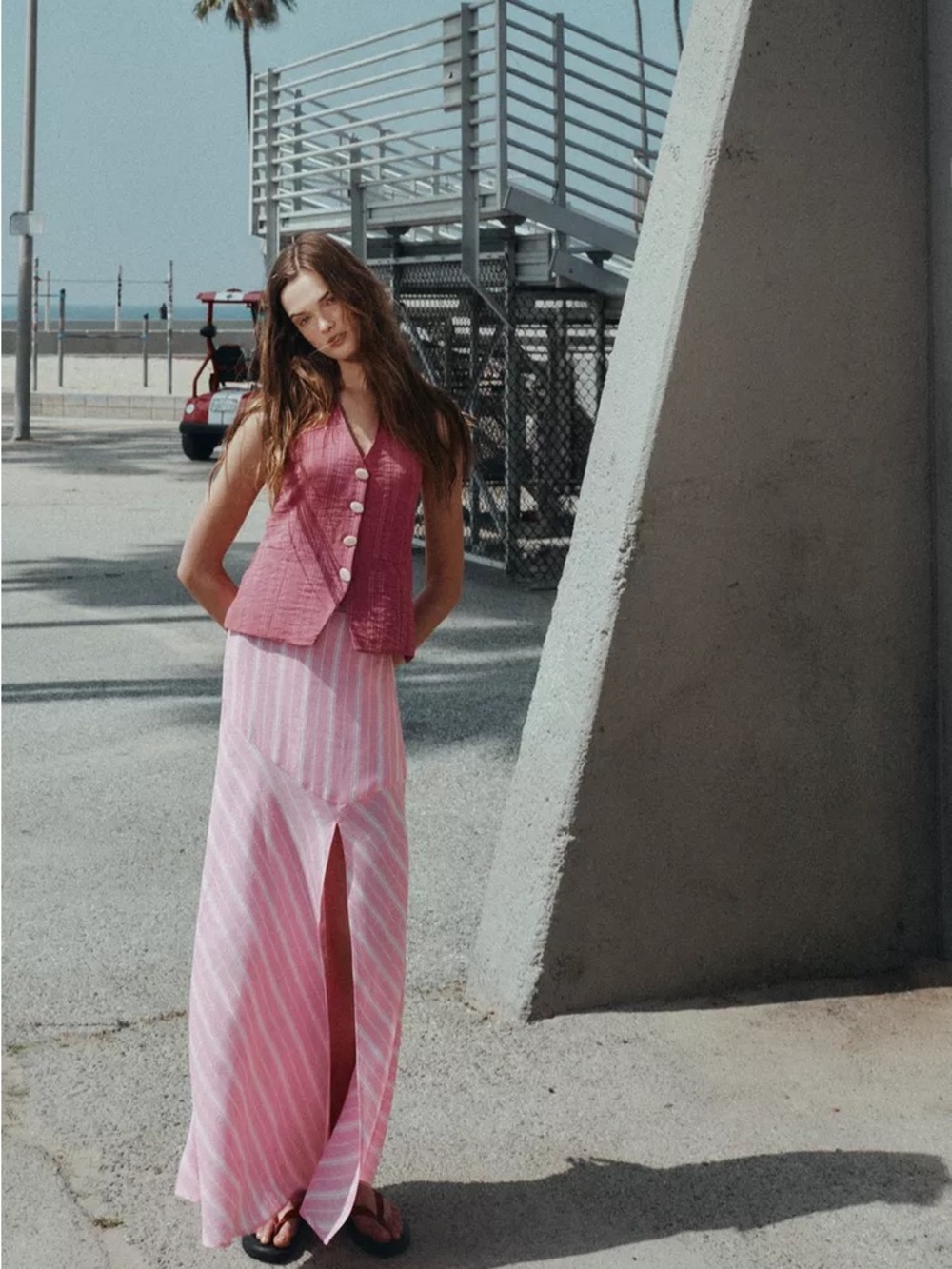 Zara Pink Striped Maxi Skirt with Front Slit